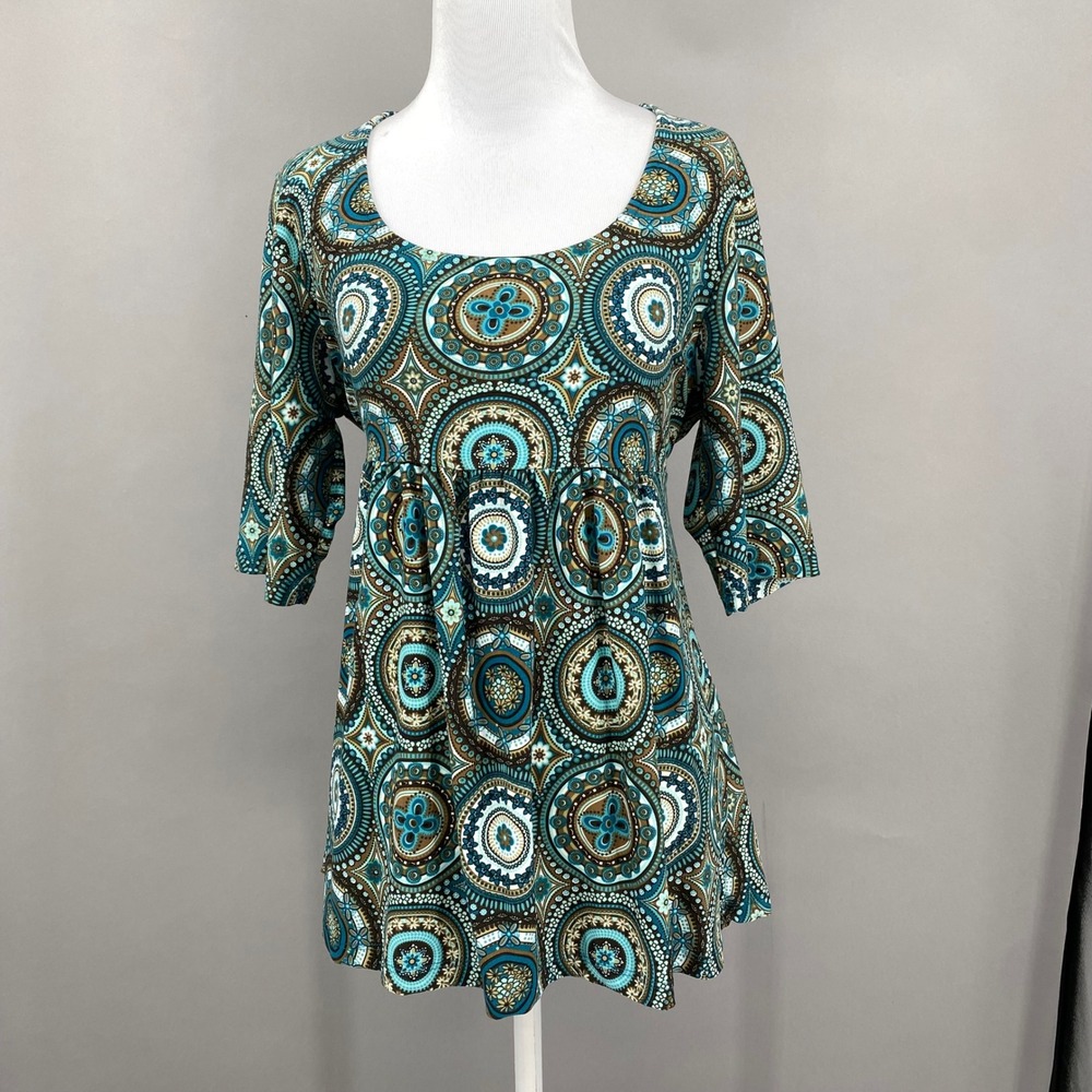 Vintage Dressbarn Tunic Top Womens Large‎ Y2K Babydoll Blue Medallion Empire
